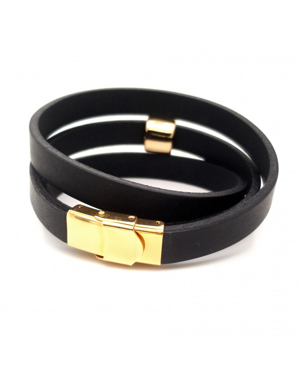 Triple-wrap black leather bracelet with gold-tone steel element and adjustable clasp