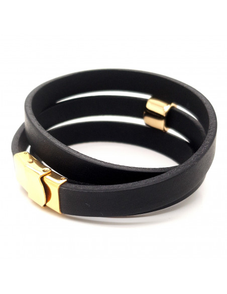 Triple-wrap black leather bracelet with gold-tone steel element and adjustable clasp