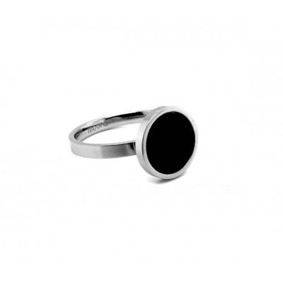 Minimalist stainless steel ring with a black stone on a silver band