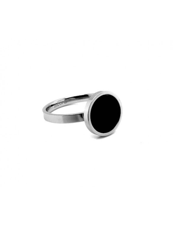 Minimalist stainless steel ring with a black stone on a silver band