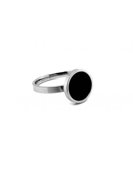 Minimalist stainless steel ring with a black stone on a silver band