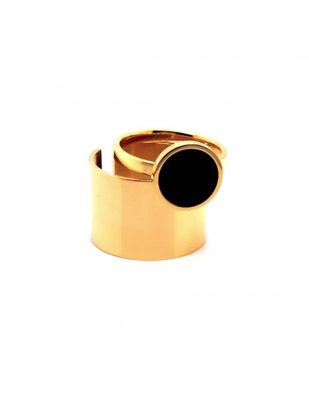 Wide gold-plated stainless steel 2-in-1 ring with black stone
