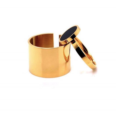 Wide gold-plated stainless steel 2-in-1 ring with black stone
