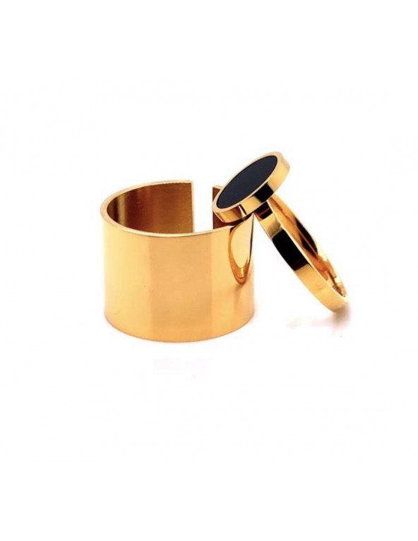 Wide gold-plated stainless steel 2-in-1 ring with black stone