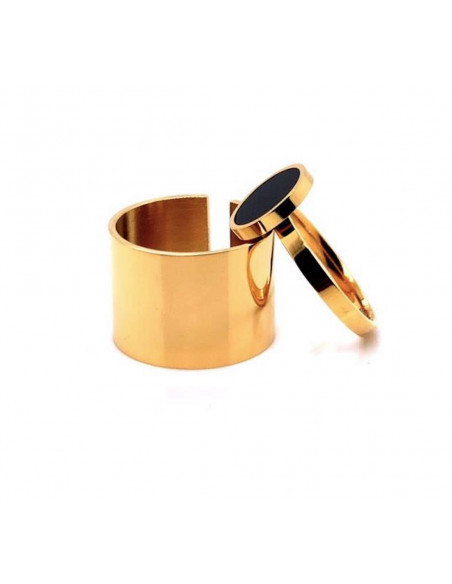Wide gold-plated stainless steel 2-in-1 ring with black stone
