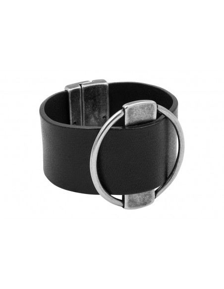 Black leather bracelet with matte stainless steel element