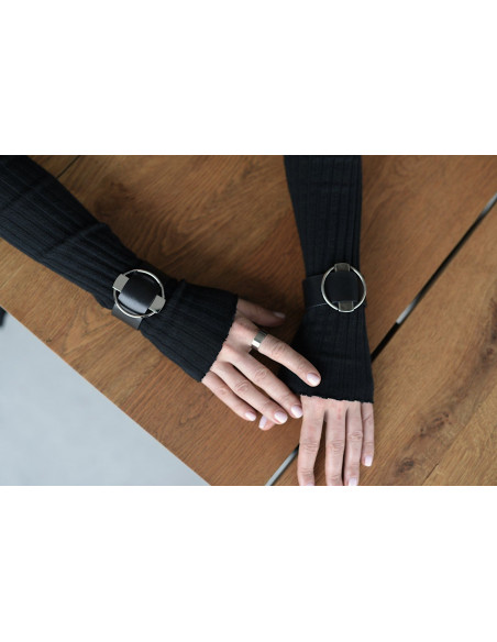 Black leather bracelet with matte stainless steel element