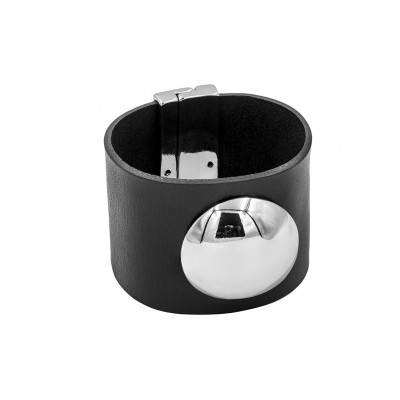 Wide black leather bracelet with polished stainless steel dome