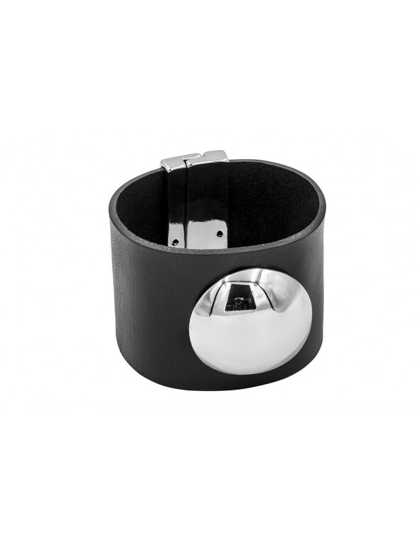 Wide black leather bracelet with polished stainless steel dome