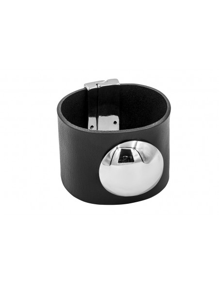 Wide black leather bracelet with polished stainless steel dome