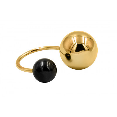 Gold-plated stainless steel ring with two spheres in gold and black