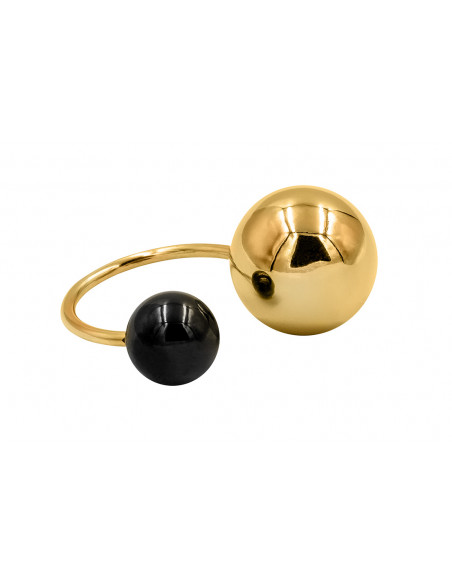Gold-plated stainless steel ring with two spheres in gold and black