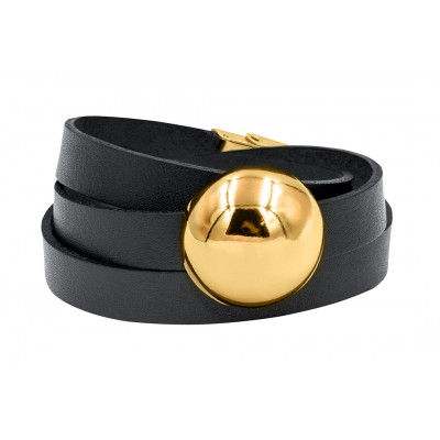 Black leather bracelet with polished gold-tone steel sphere