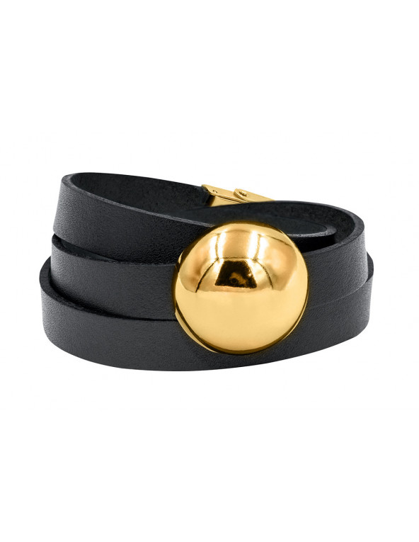 Black leather bracelet with polished gold-tone steel sphere