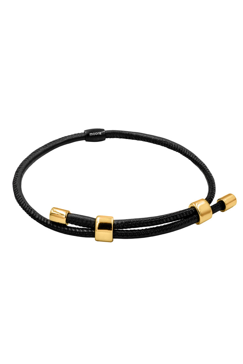 Black leather and gold-plated steel jewelry set with modern design