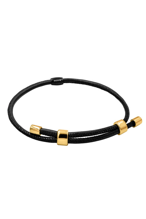 Black leather and gold-plated steel jewelry set with modern design
