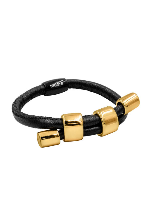 Black leather and gold-plated steel jewelry set with modern design