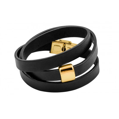 Triple-wrap black leather bracelet with gold-tone steel element and adjustable clasp
