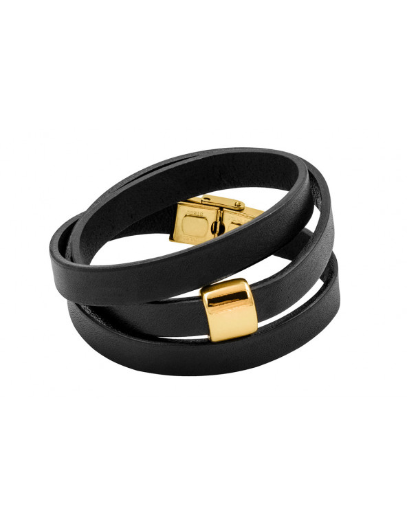 Triple-wrap black leather bracelet with gold-tone steel element and adjustable clasp