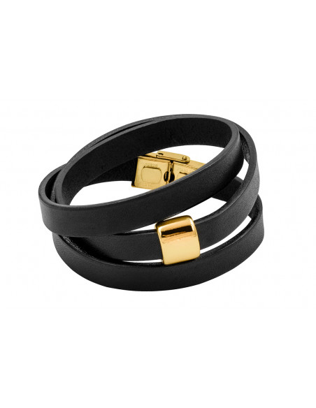Triple-wrap black leather bracelet with gold-tone steel element and adjustable clasp