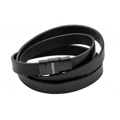 Men’s triple-wrap black leather bracelet with silver stainless steel accent and clasp. 2
