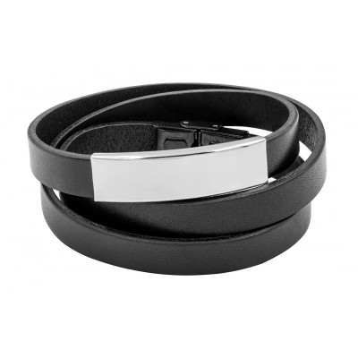 Triple-wrap women’s black leather bracelet with silver stainless steel detail and black clasp.