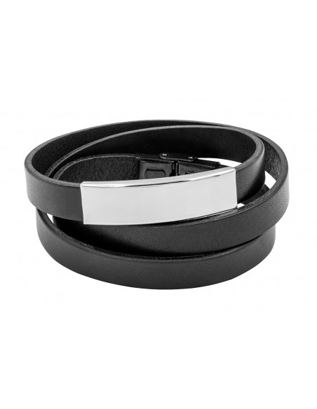 Triple-wrap women’s black leather bracelet with silver stainless steel detail and black clasp.