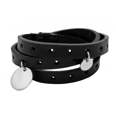 Black leather bracelet with holes and silver accents
