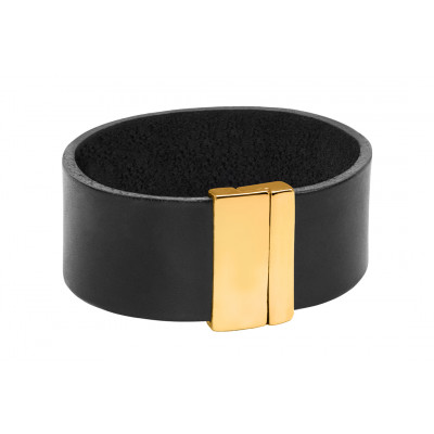Black leather bracelet with gold-plated stainless steel and glossy clasp