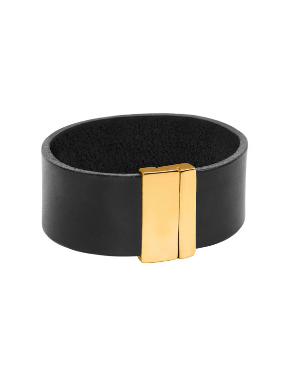 Black leather bracelet with gold-plated stainless steel and glossy clasp