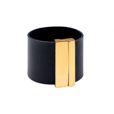 Wide black leather bracelet with shiny gold-plated stainless steel clasp