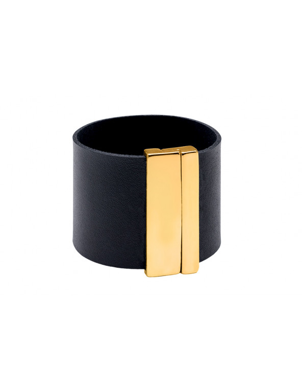 Wide black leather bracelet with shiny gold-plated stainless steel clasp