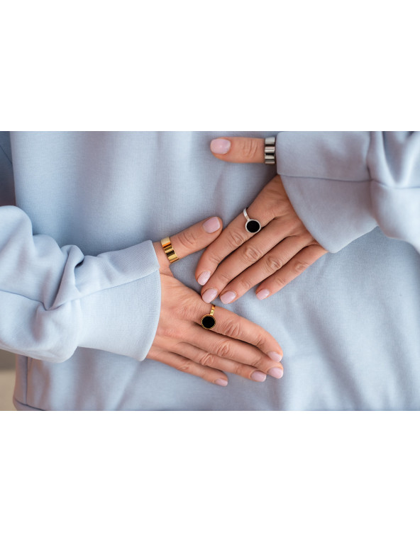 Gold-plated stainless steel ring with black stone
