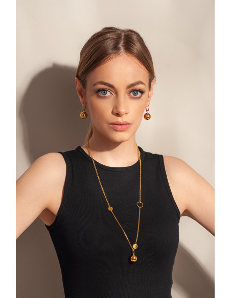 Gold-plated silver and stainless steel ball earrings in golden shade