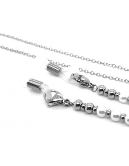 Stainless steel eyeglass chain with white pearls and pendants