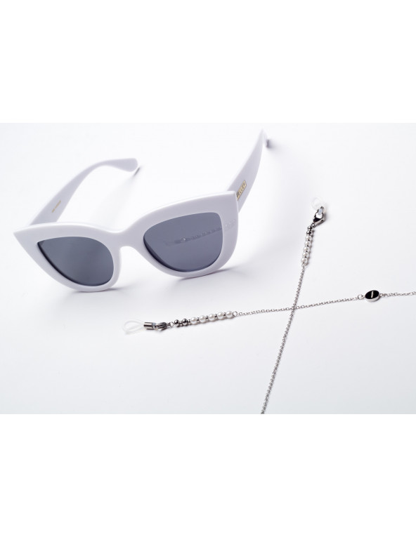 Stainless steel eyeglass chain with white pearls and pendants