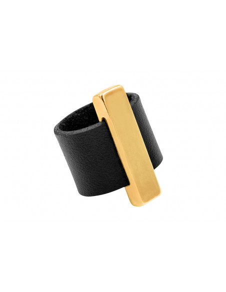 Ring made of leather and gold-plated stainless steel – black and gold, handmade