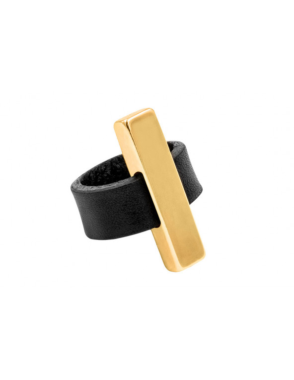 Ring made of leather and gold-plated stainless steel – black and gold, handcrafted