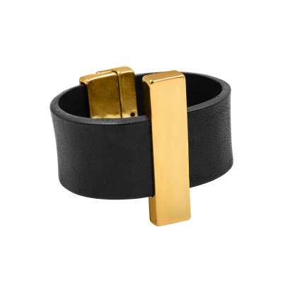 Black leather bracelet with a gold-plated steel accent and magnetic clasp