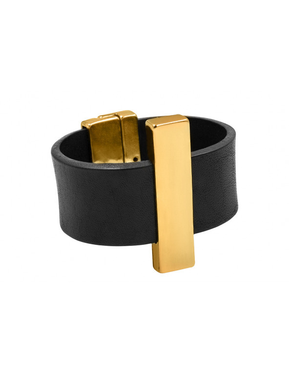 Black leather bracelet with a gold-plated steel accent and magnetic clasp