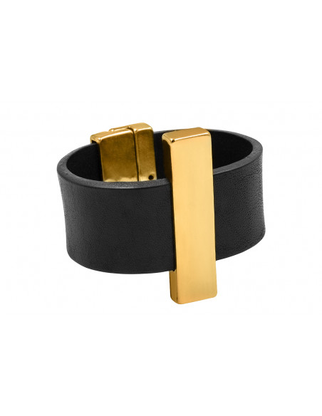 Black leather bracelet with a gold-plated steel accent and magnetic clasp