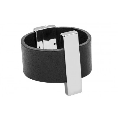 Black bracelet made of natural leather with a shiny steel element and a stainless steel magnetic clasp