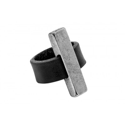 Black ring made of leather and matte stainless steel – handmade