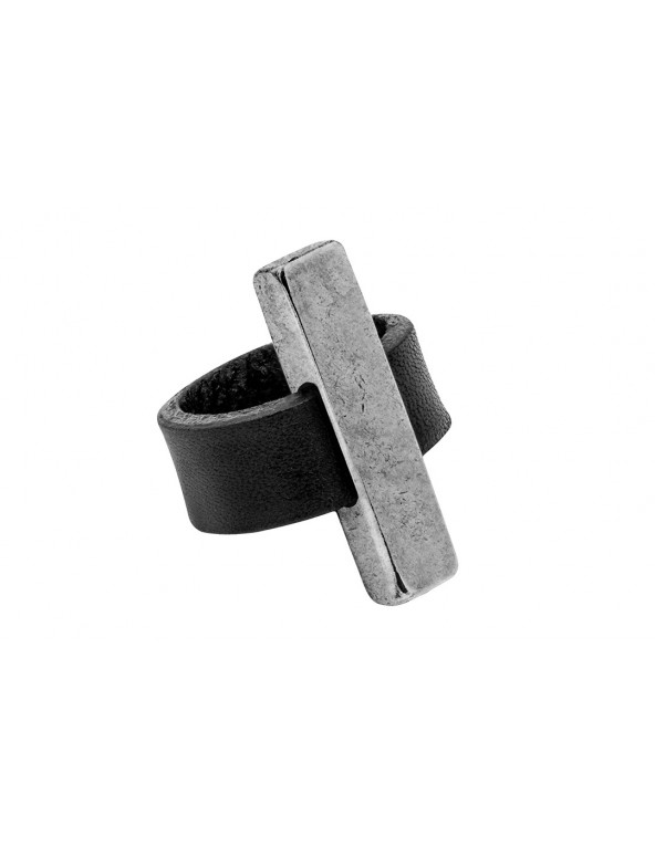 Black ring made of leather and matte stainless steel – handmade