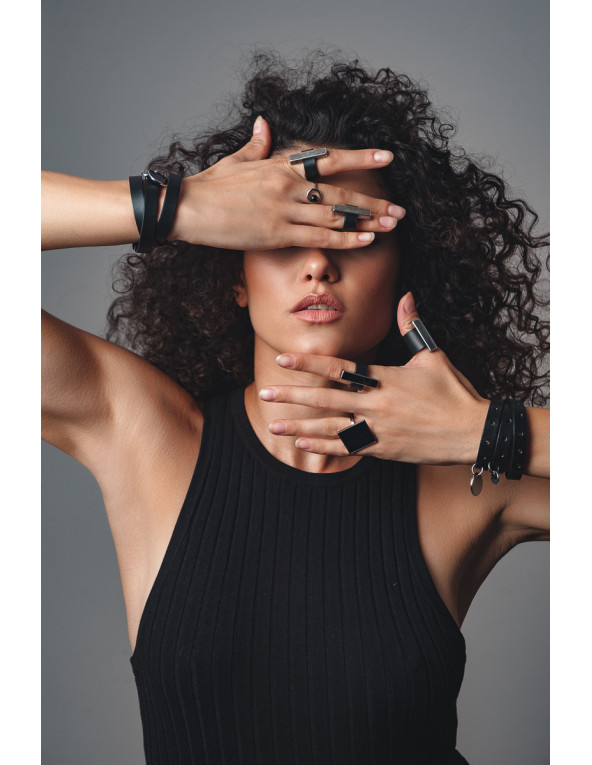 Wide ring made of leather and polished stainless steel – handcrafted