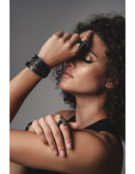 Black ring made of leather and matte stainless steel – handmade