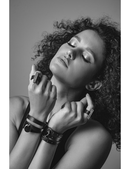 Black ring made of leather and matte stainless steel – handmade