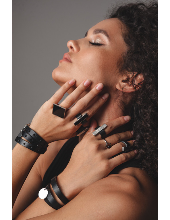 Black ring made of leather and matte stainless steel – handmade