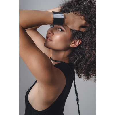 Wide black leather bracelet with glossy stainless steel clasp 2