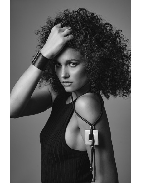 Black wide leather bracelet with matte stainless steel magnetic clasp